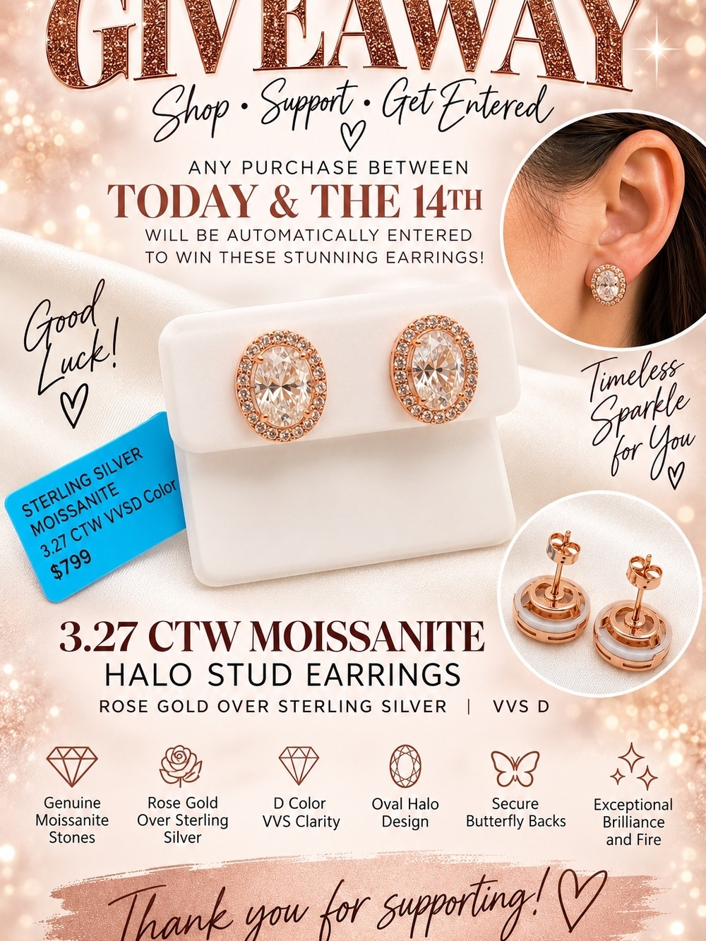 Rose Gold Moissanite Halo Stud Earrings 3.27 Ctw Giveaway Sept 14!